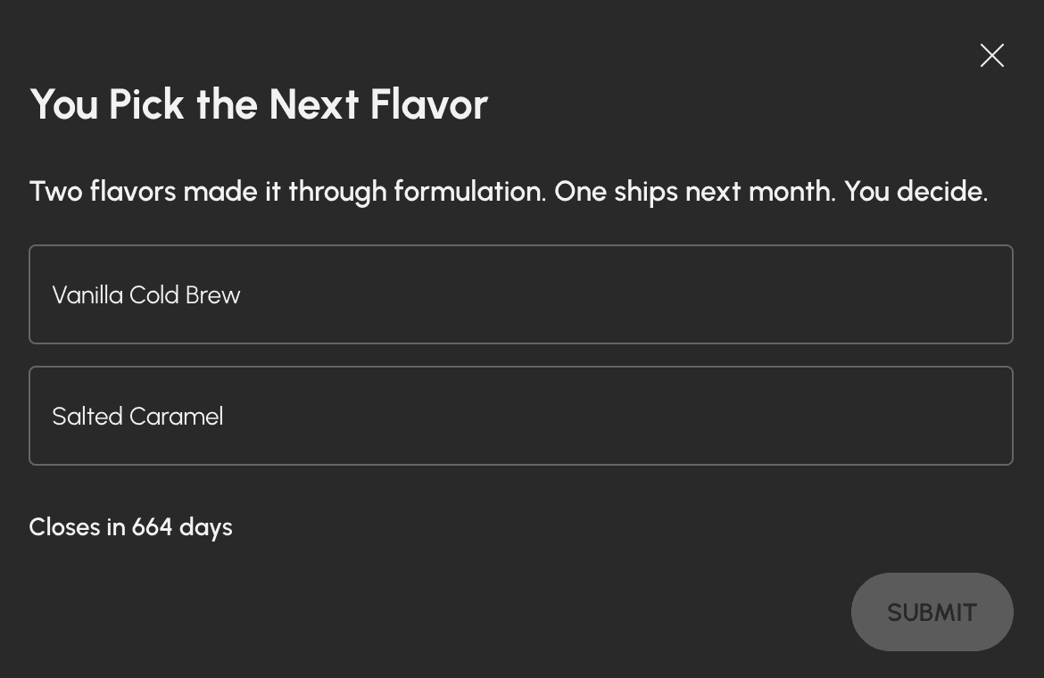 In-world poll: customers pick the next product flavor.